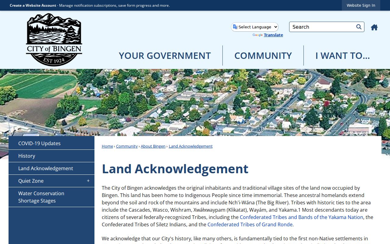 Bingen official land acknowledgement supporting city records context