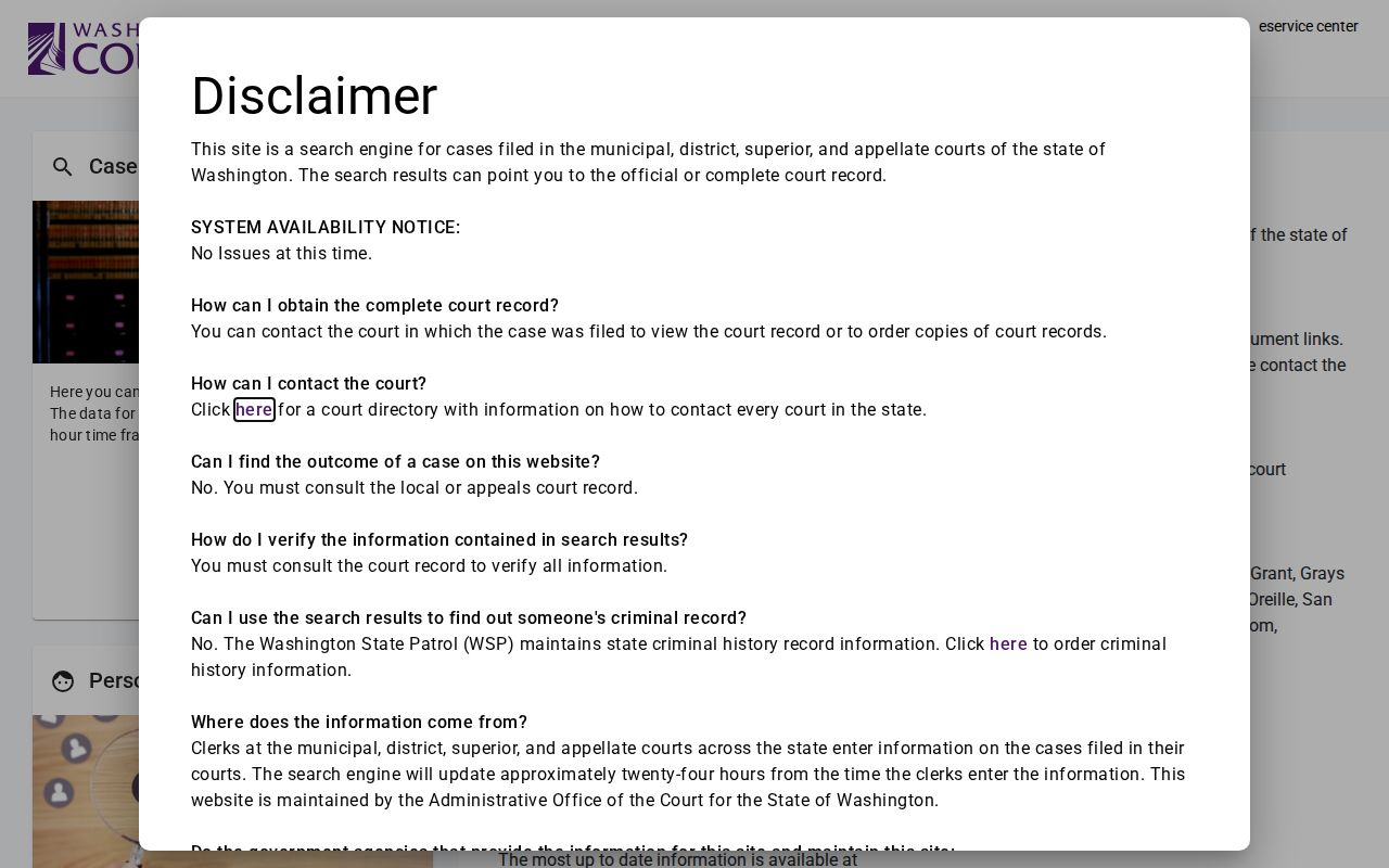 Klickitat County criminal court cases Washington Case Search interface